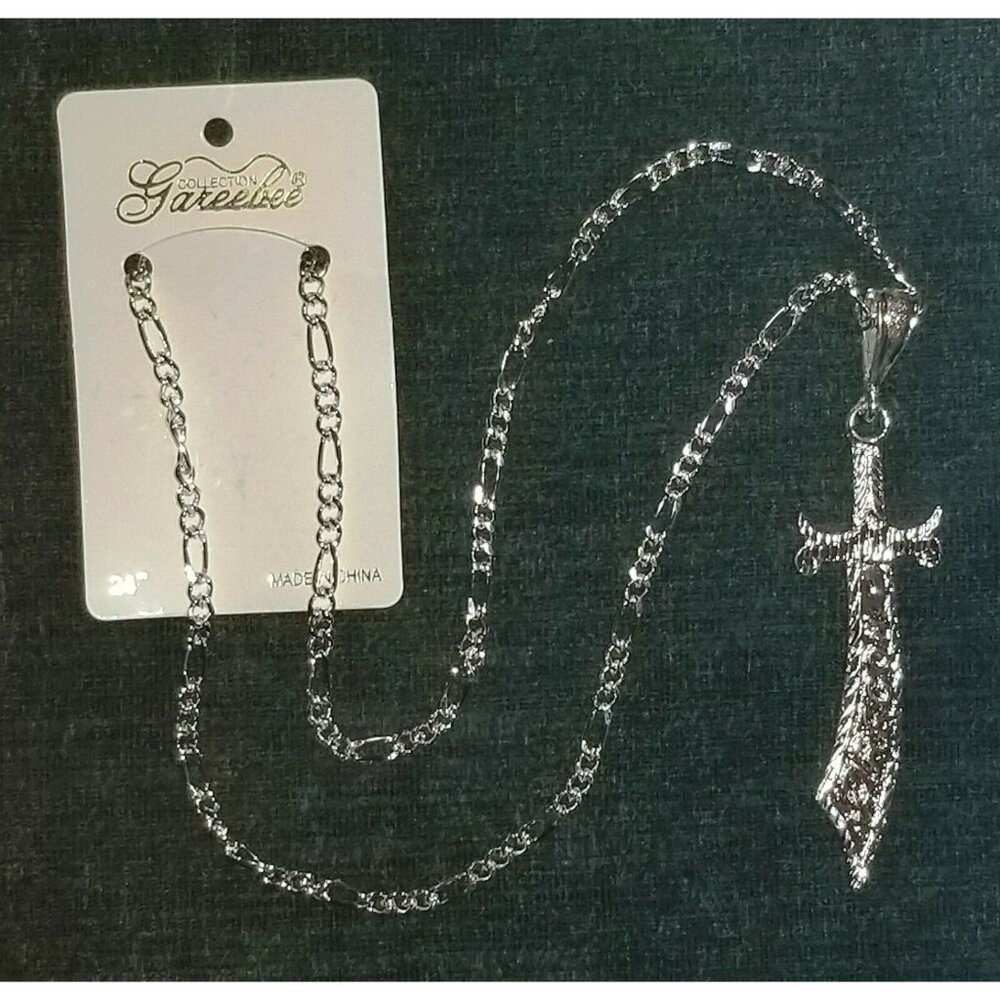 Dagger "Dragon" Pendant & 24" Necklace Chain Silvertone Bling Fashion Jewelry